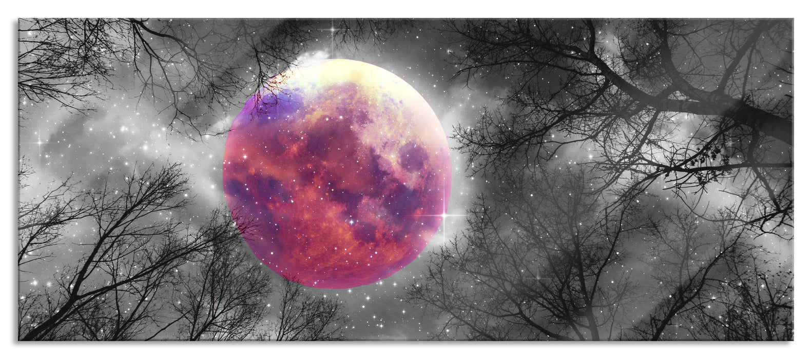 Pixxprint Farbenvolle Sternennacht bei Vollmond B&W Detail, Glasbild Panorama