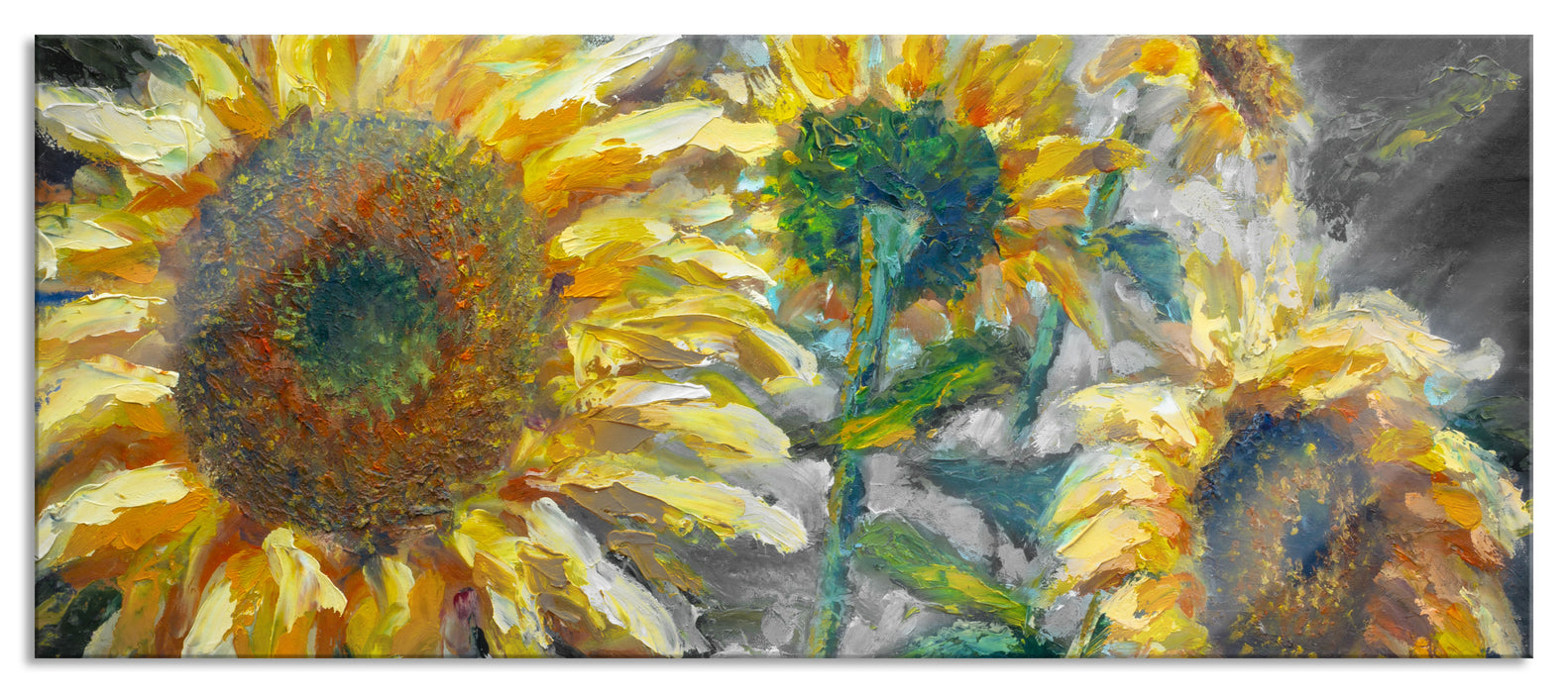 Pixxprint Sonnenblumen vor blauem Hintergrund B&W Detail, Glasbild Panorama