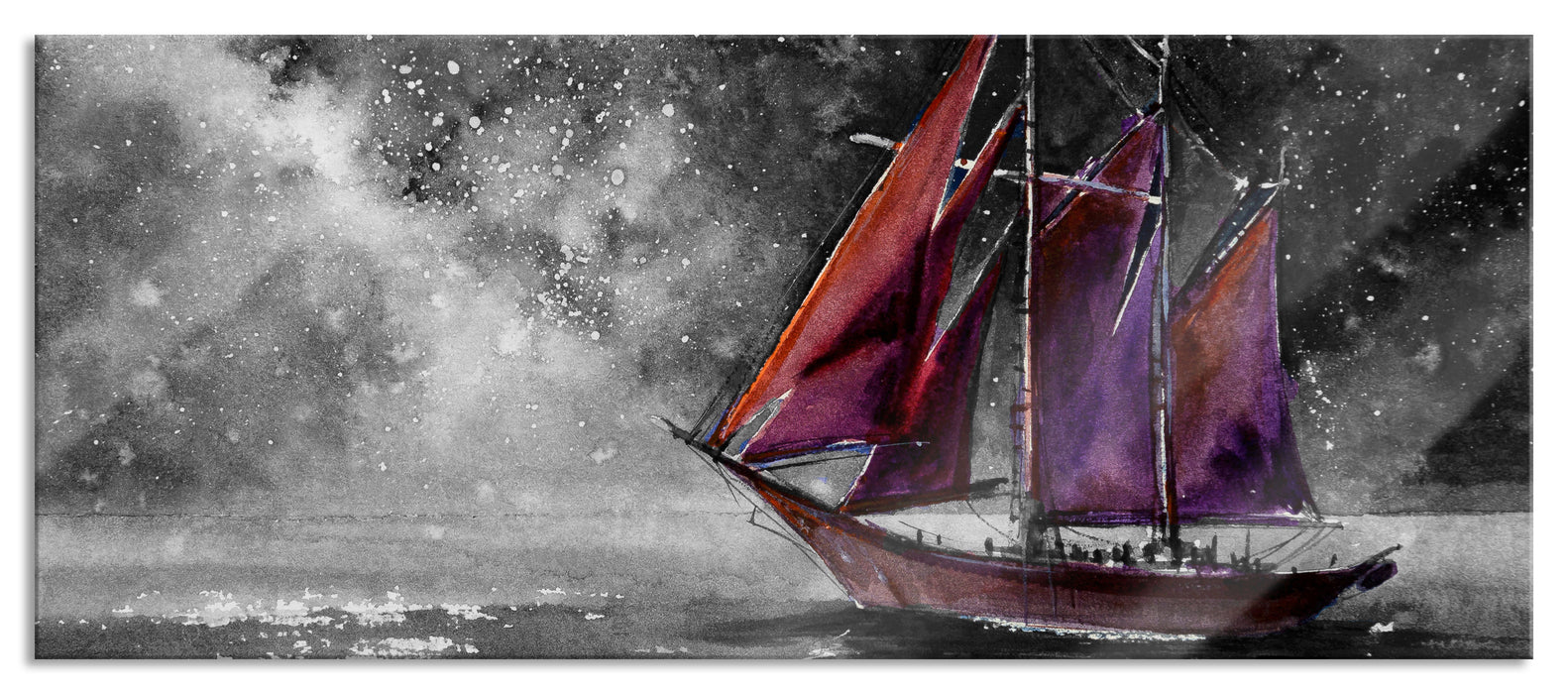 Pixxprint Rotes Segelboot in Sternenheller Nacht B&W Detail, Glasbild Panorama