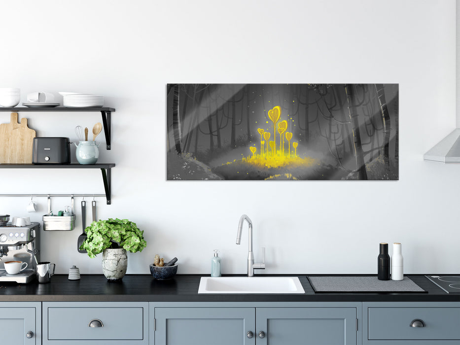 Leuchtende Zauberblumen im Wald B&W Detail, Glasbild Panorama