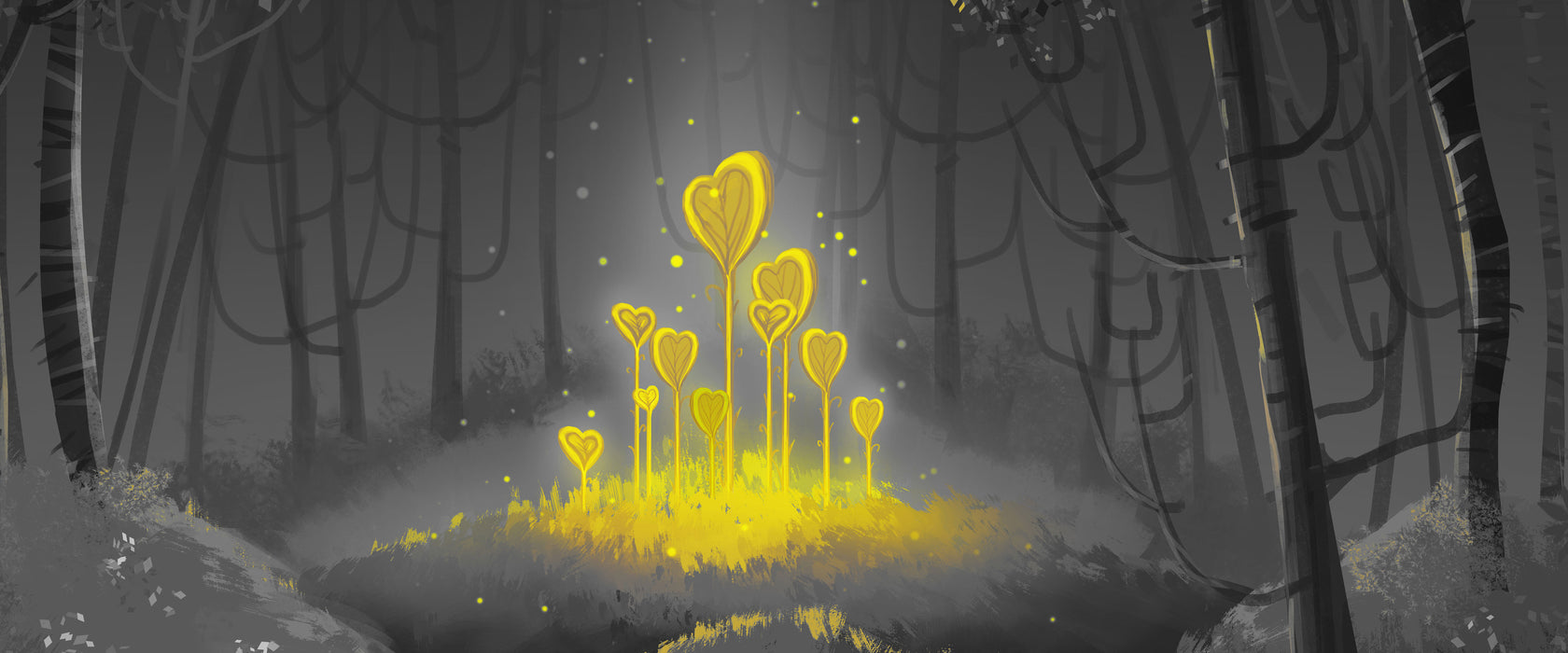 Leuchtende Zauberblumen im Wald B&W Detail, Glasbild Panorama