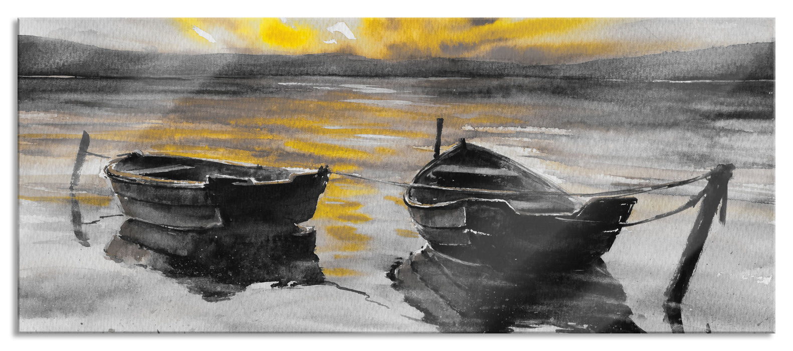 Pixxprint Zwei angeleinte Boote bei Sonnenuntergang B&W Detail, Glasbild Panorama