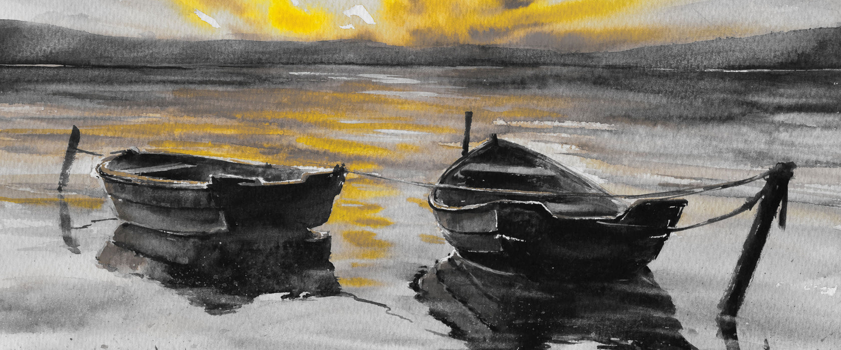 Zwei angeleinte Boote bei Sonnenuntergang B&W Detail, Glasbild Panorama