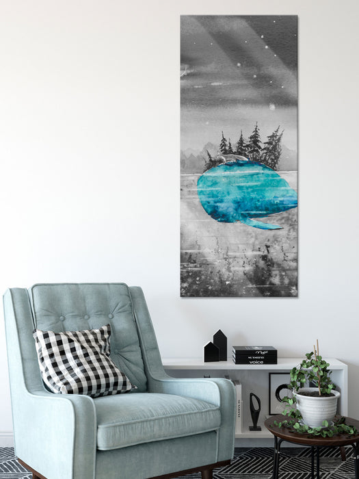 Fuchs reitet auf Wal bei Nacht B&W Detail, Glasbild Panorama