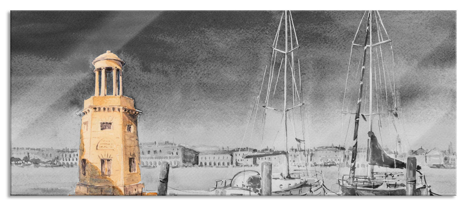 Segelschiffe im Hafen Venedigs B&W Detail, Glasbild Panorama