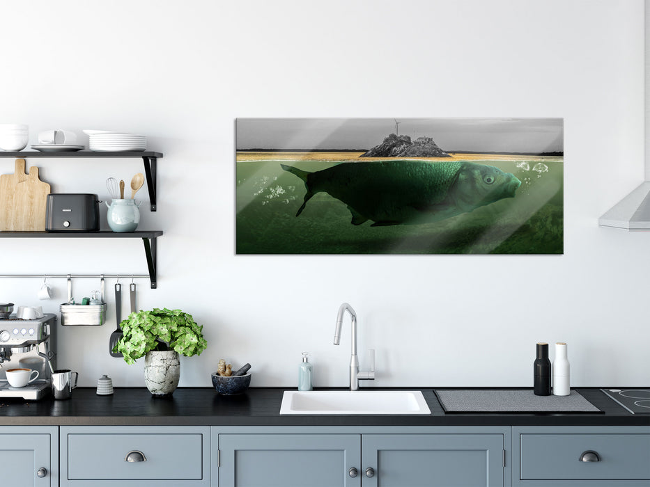 Abstrakter Fisch mit Felsrücken B&W Detail, Glasbild Panorama