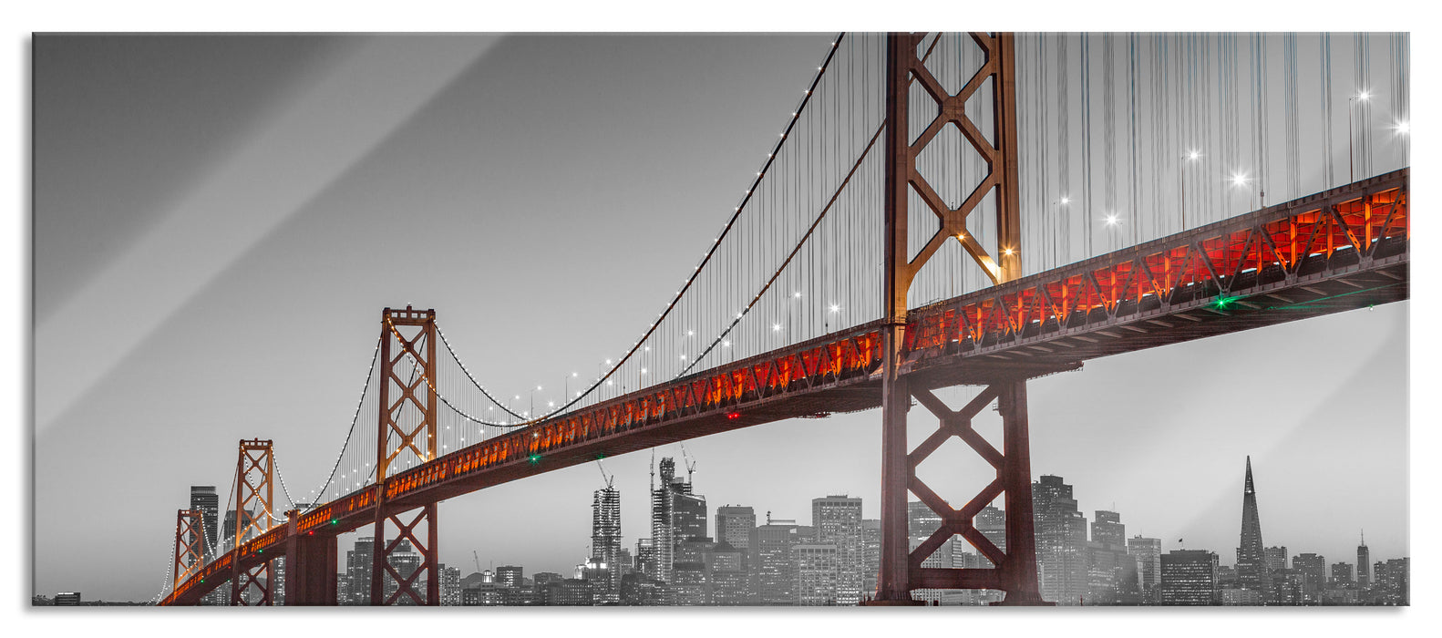 Pixxprint Oakland Bay Brücke bei Sonnenuntergang B&W Detail, Glasbild Panorama