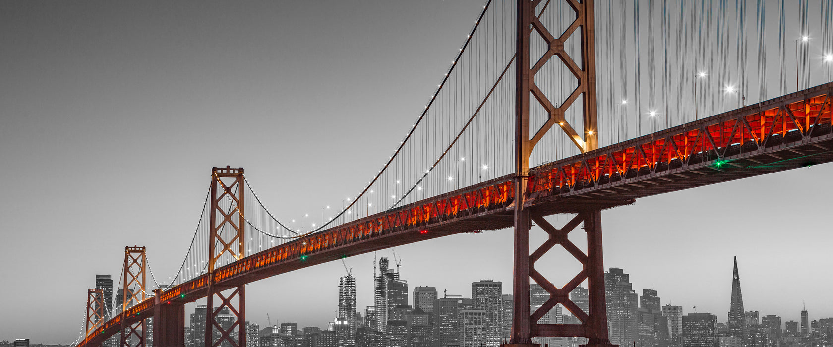 Oakland Bay Brücke bei Sonnenuntergang B&W Detail, Glasbild Panorama