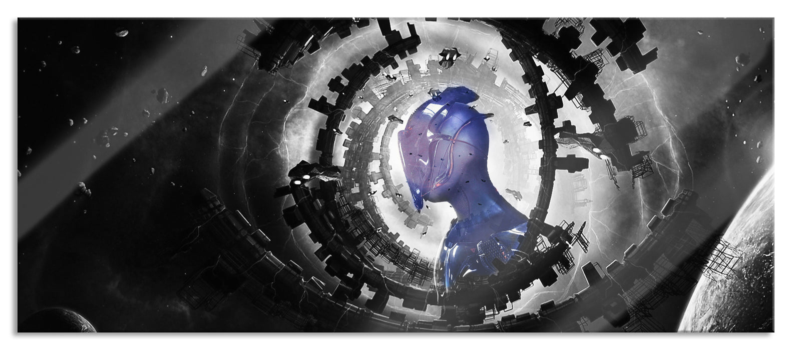 Pixxprint Abstraktes Auge mit Alien im Weltraum B&W Detail, Glasbild Panorama