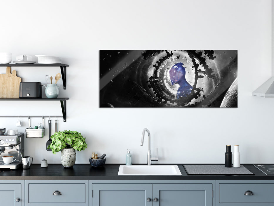 Abstraktes Auge mit Alien im Weltraum B&W Detail, Glasbild Panorama