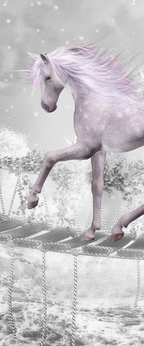 Einhorn läuft über Hängebrücke B&W Detail, Glasbild Panorama