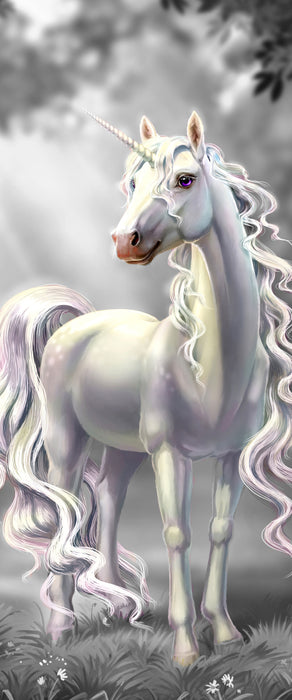 Pink äugiges Einhorn im rosa Märchenwald B&W Detail, Glasbild Panorama