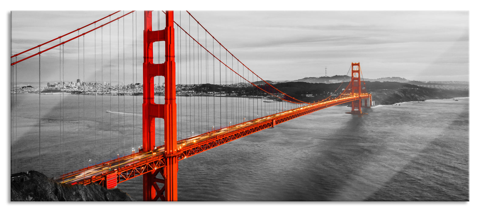 Pixxprint Golden Gate Bridge bei Sonnenuntergang B&W Detail, Glasbild Panorama