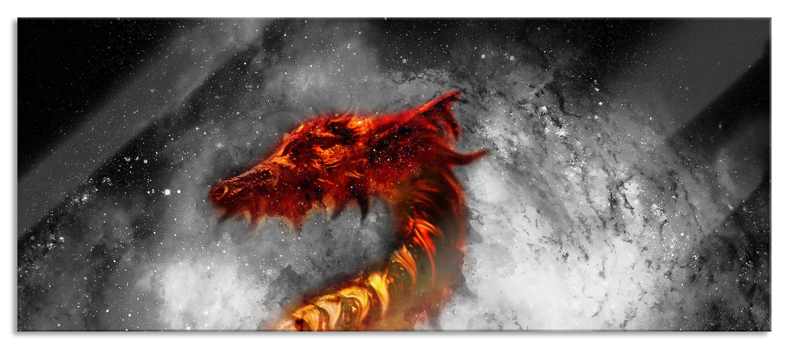 Pixxprint Abstrakter roter Feuerdrachen B&W Detail, Glasbild Panorama