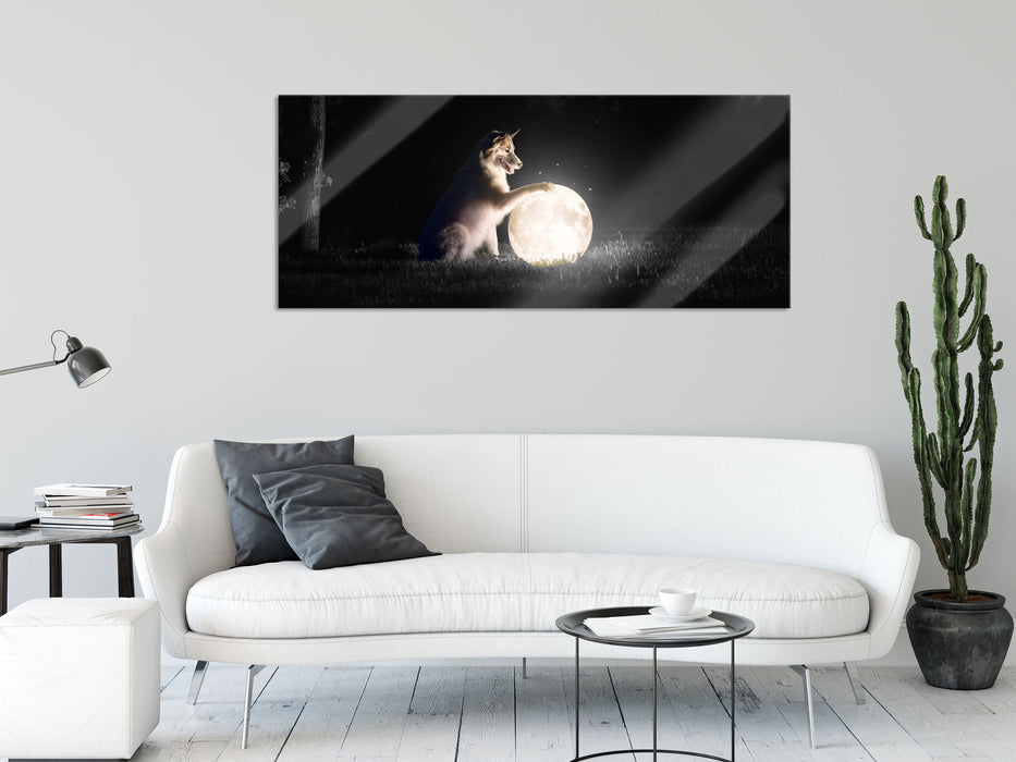 Hund mit leuchtendem Mond bei Nacht B&W Detail, Glasbild Panorama