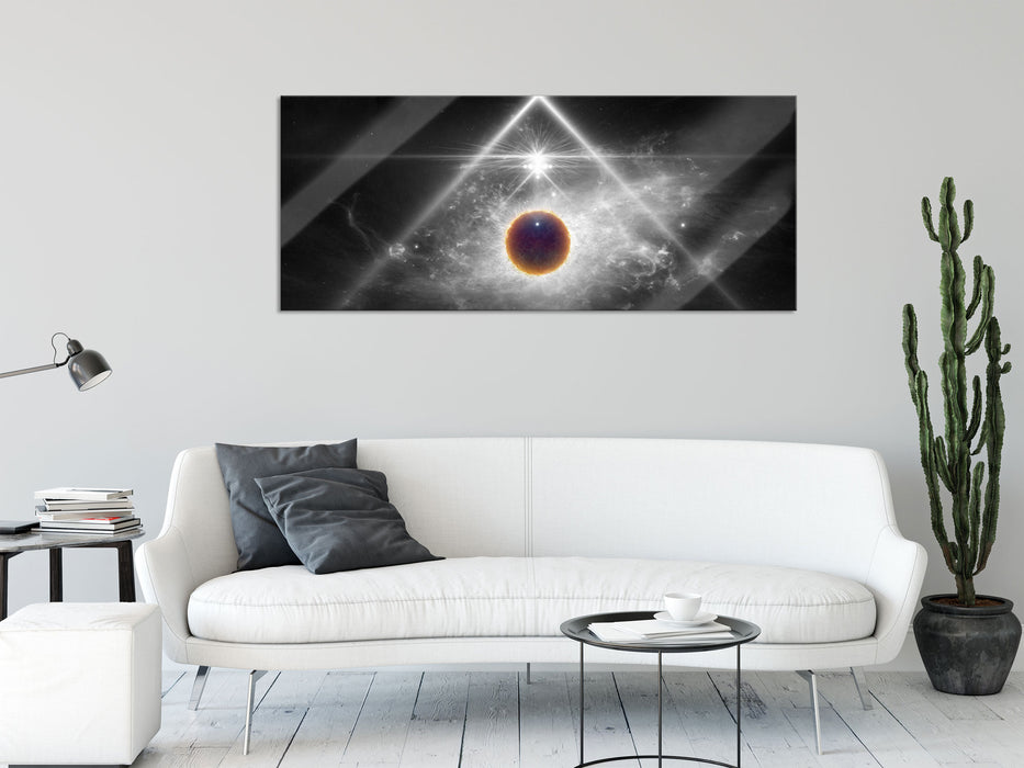 Science Fiction Collage Planeten im Weltraum B&W Detail, Glasbild Panorama