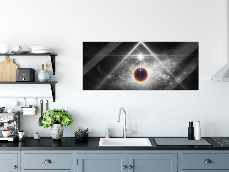 Science Fiction Collage Planeten im Weltraum B&W Detail, Glasbild Panorama