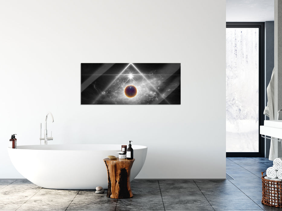 Science Fiction Collage Planeten im Weltraum B&W Detail, Glasbild Panorama