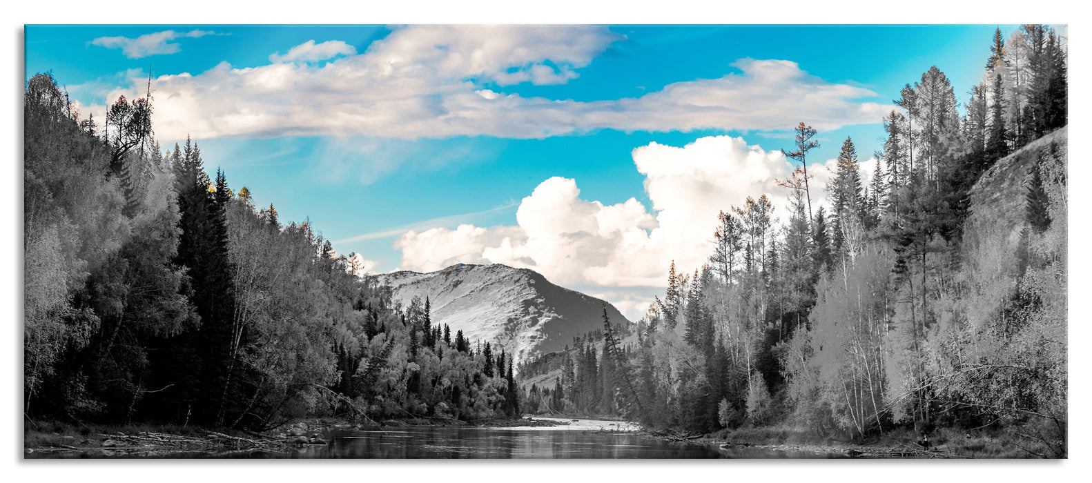 Pixxprint Bergsee mit Herbstwald B&W Detail, Glasbild Panorama