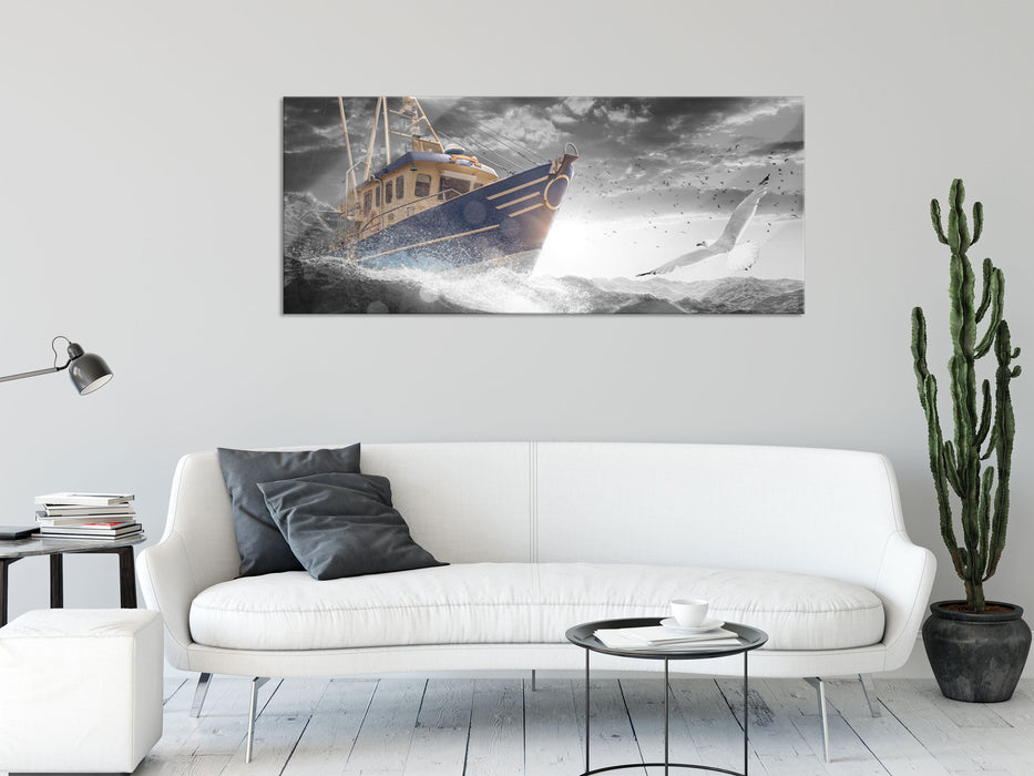 Fischerboot im Sturm auf hoher See B&W Detail, Glasbild Panorama