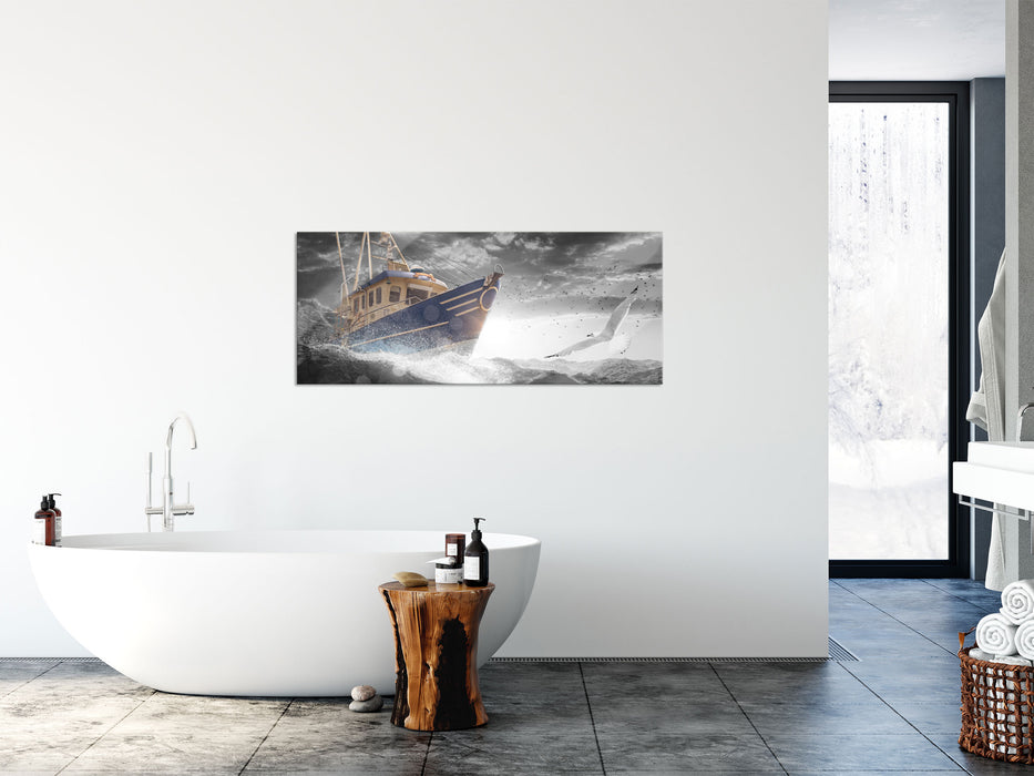 Fischerboot im Sturm auf hoher See B&W Detail, Glasbild Panorama