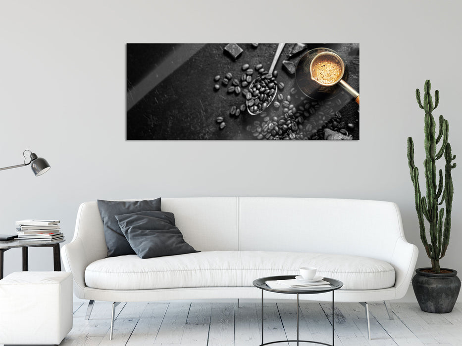 Kaffeebohnen und Schokolade von oben B&W Detail, Glasbild Panorama