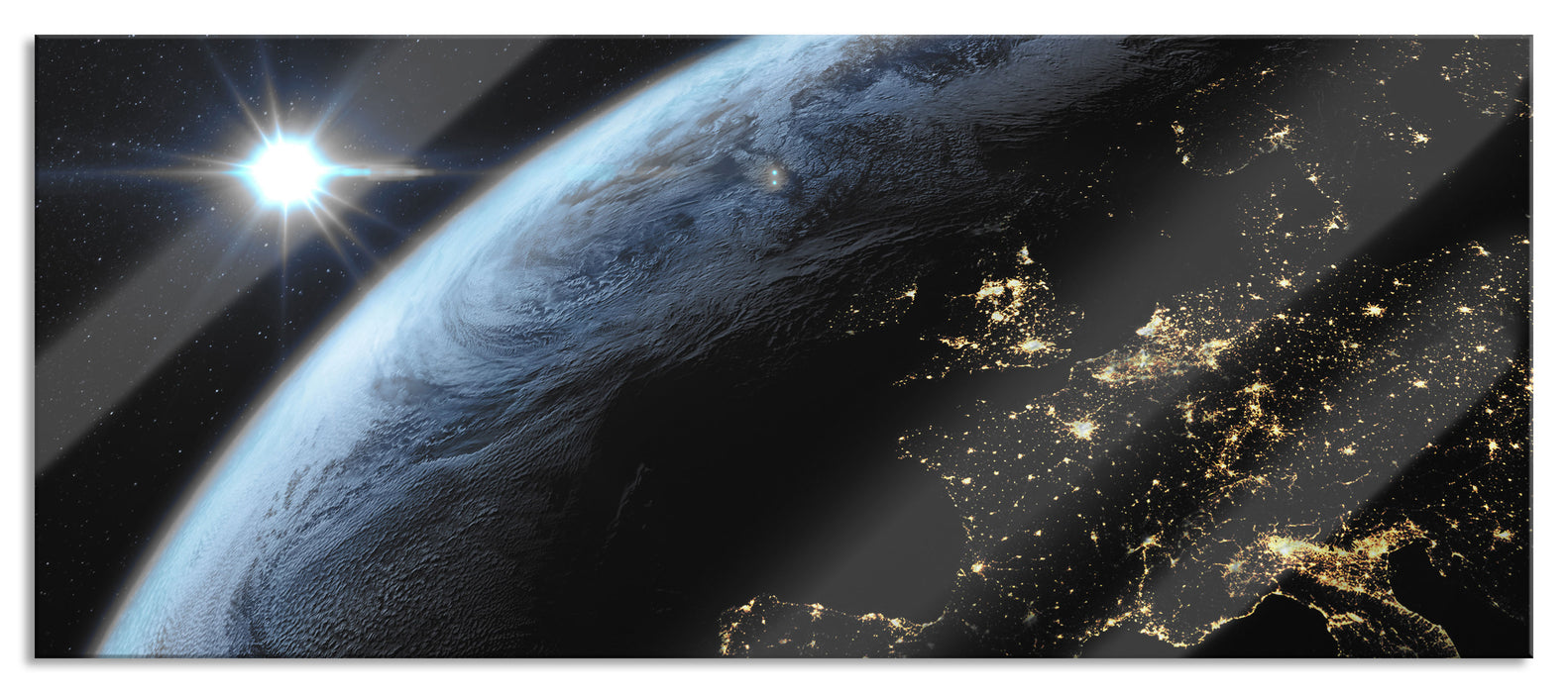 Pixxprint Erdkugel im All mit Lichtern B&W Detail, Glasbild Panorama