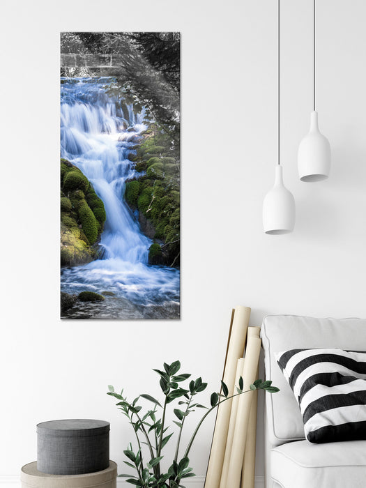 Wasserfall im grünen Wald B&W Detail, Glasbild Panorama