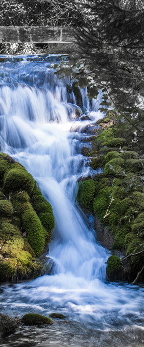 Wasserfall im grünen Wald B&W Detail, Glasbild Panorama