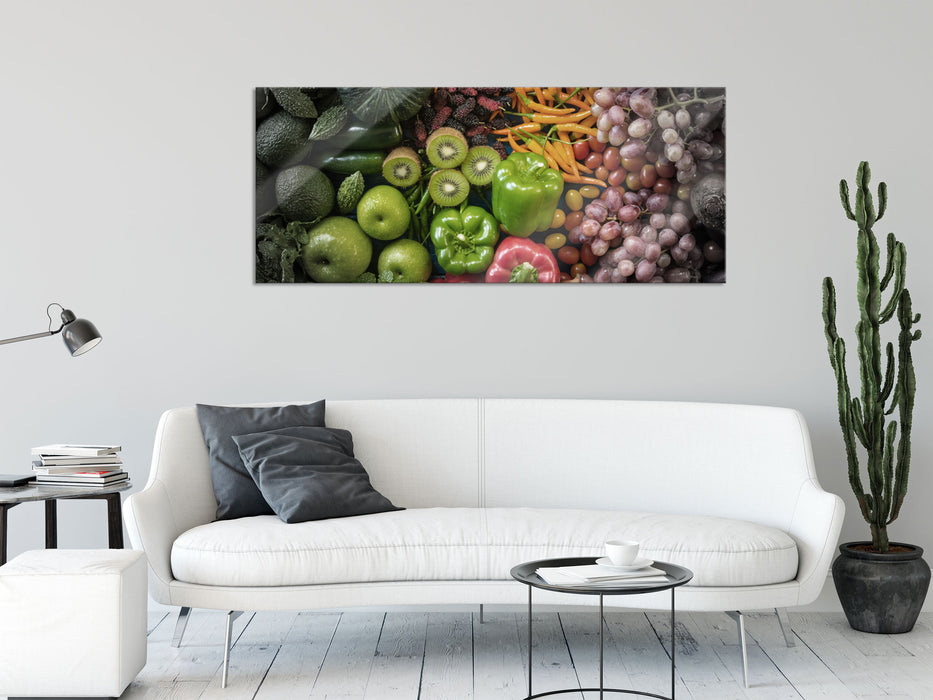 Verschiedene bunte Früchte von oben B&W Detail, Glasbild Panorama
