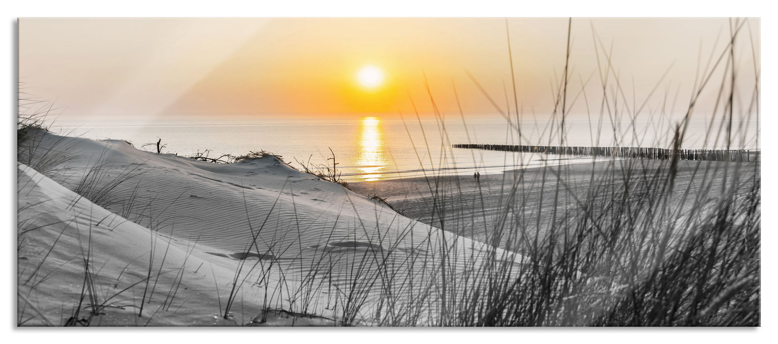 Dünenblick auf Meer bei Sonnenuntergang B&W Detail, Glasbild Panorama