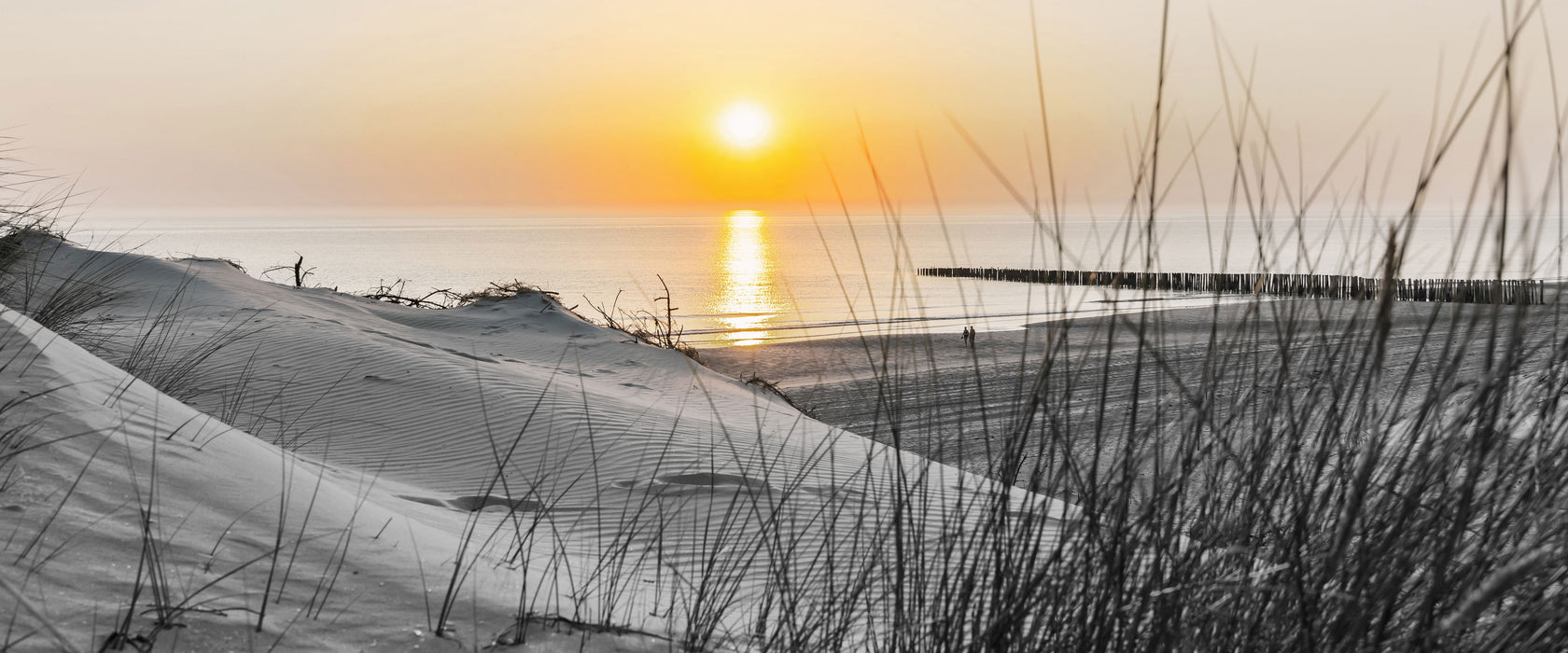 Dünenblick auf Meer bei Sonnenuntergang B&W Detail, Glasbild Panorama