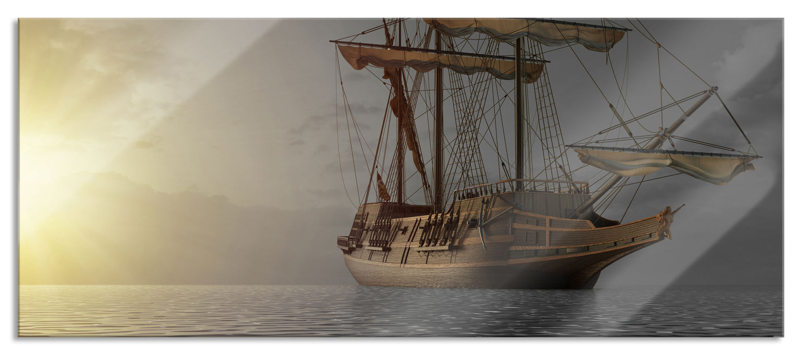 Pixxprint Großes Segelschiff im Sonnenuntergang B&W Detail, Glasbild Panorama