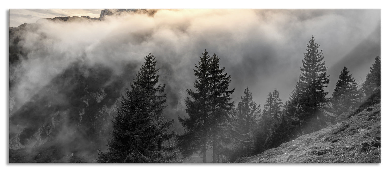 Pixxprint Aufsteigende Wolken in den Dolomiten B&W Detail, Glasbild Panorama