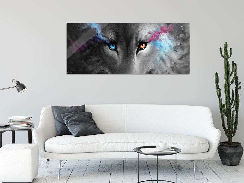 Abstrakter Wolf mit rauchenden Augen B&W Detail, Glasbild Panorama