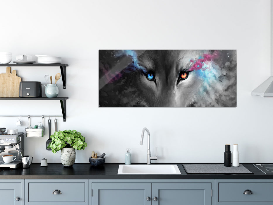 Abstrakter Wolf mit rauchenden Augen B&W Detail, Glasbild Panorama