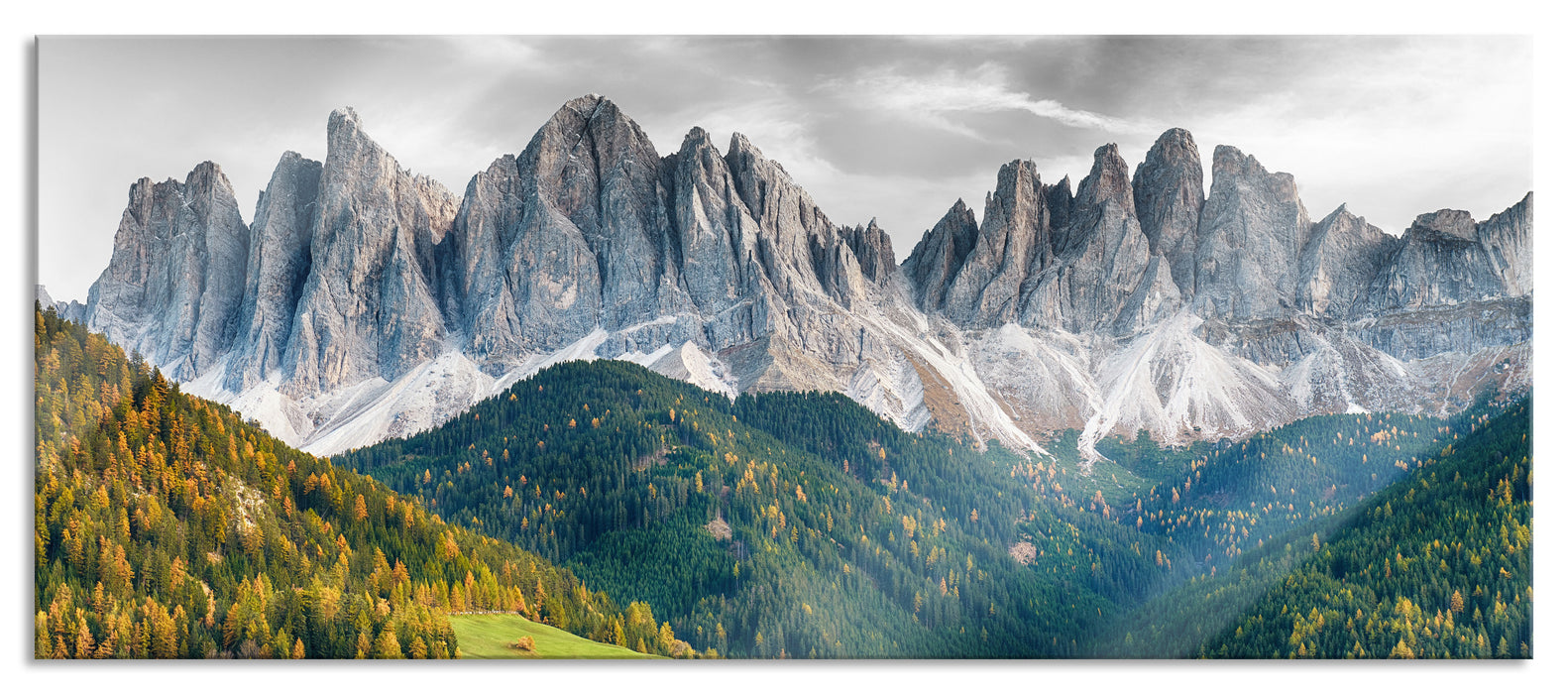 Pixxprint Bunte Waldlandschaft vor den Dolomiten B&W Detail, Glasbild Panorama