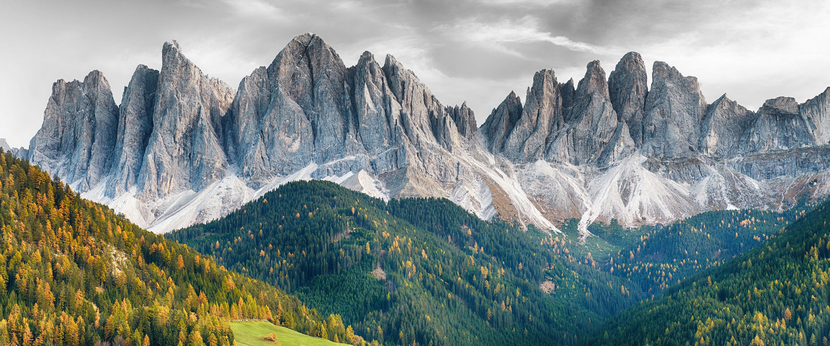 Bunte Waldlandschaft vor den Dolomiten B&W Detail, Glasbild Panorama