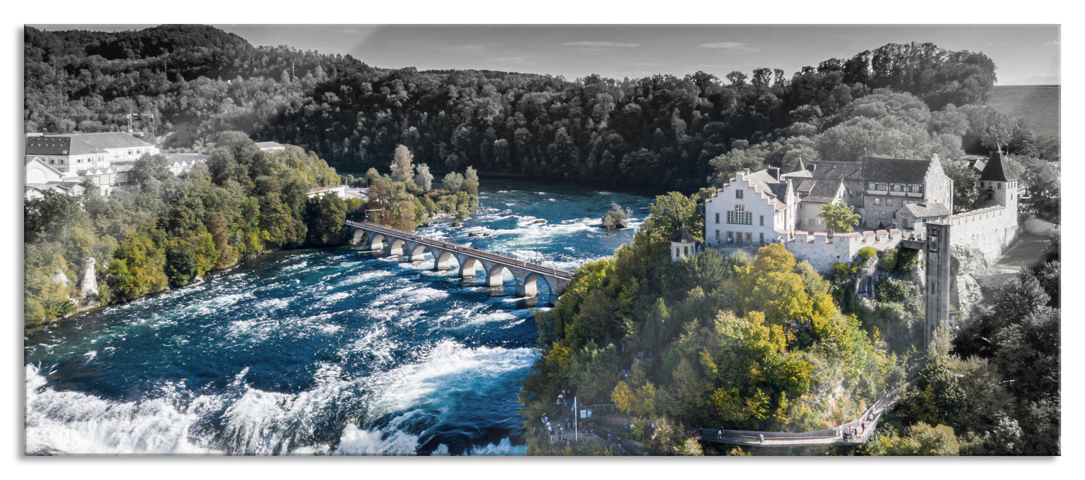 Pixxprint Panorama vom Rheinfall in der Schweiz B&W Detail, Glasbild Panorama