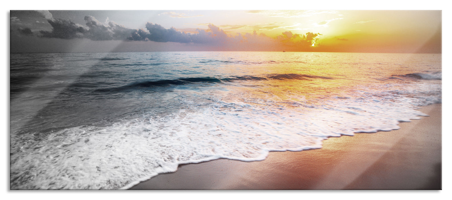 Pixxprint Sonnenuntergangsstimmung an Traumstrand B&W Detail, Glasbild Panorama