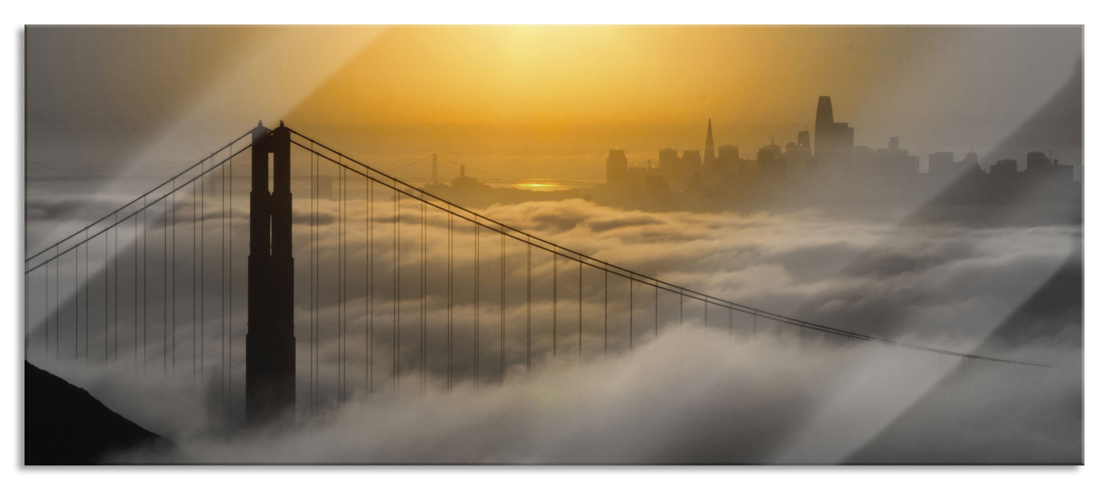 Pixxprint Golden Gate Bridge im Sonnenaufgang B&W Detail, Glasbild Panorama