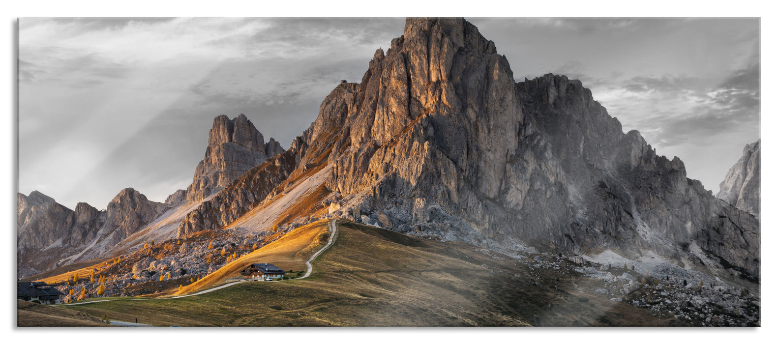 Pixxprint Dolomiten im Sonnenuntergang B&W Detail, Glasbild Panorama