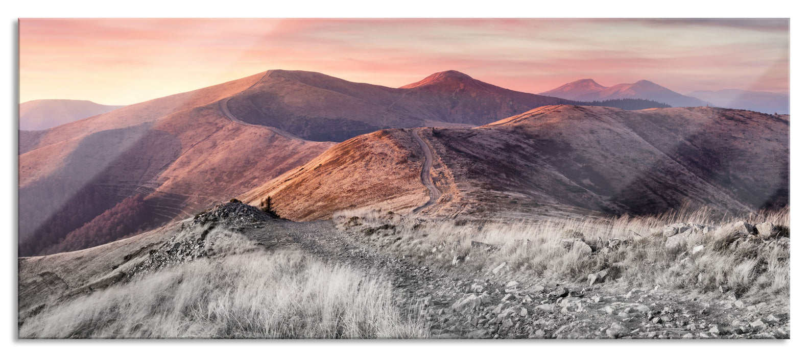 Pixxprint Steinlandschaft bei Sonnenuntergang B&W Detail, Glasbild Panorama