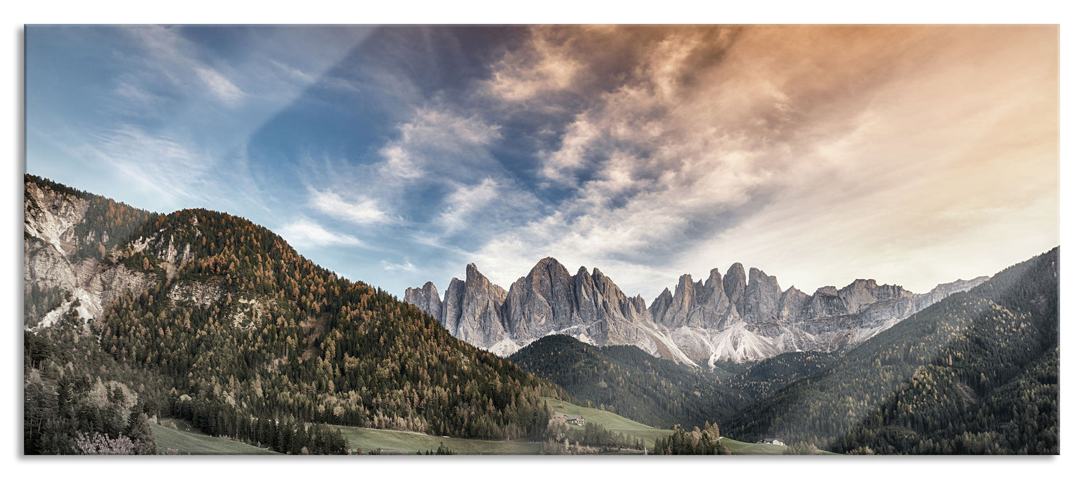 Pixxprint Herbstliche Landschaft in den Dolomiten B&W Detail, Glasbild Panorama