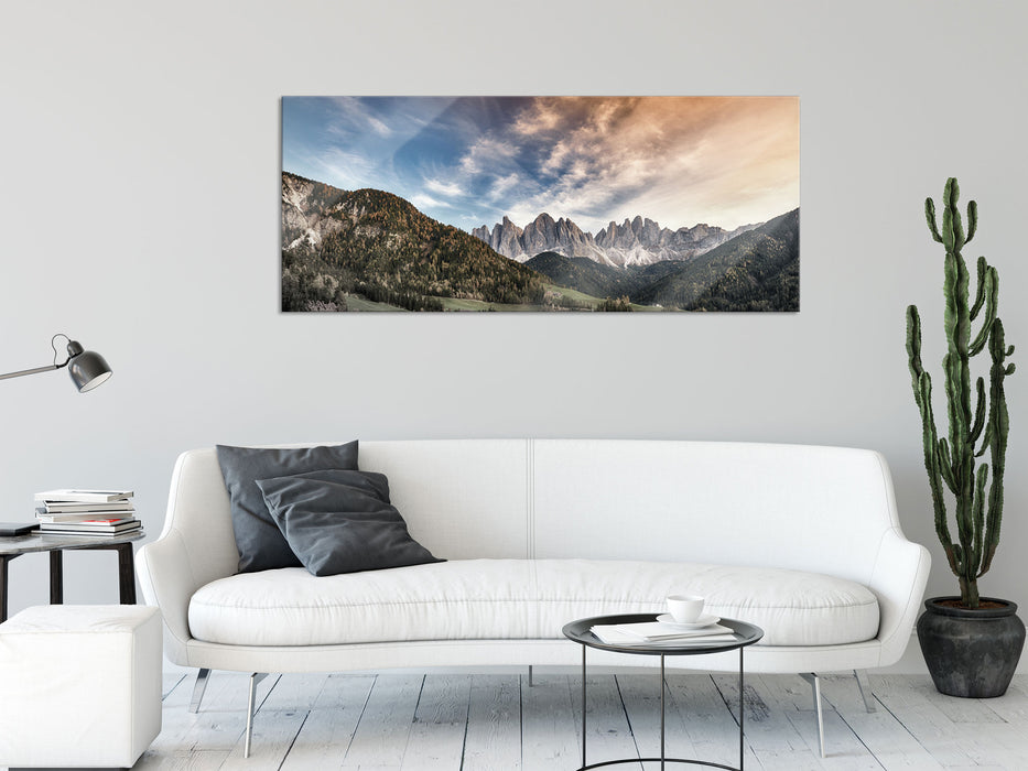 Herbstliche Landschaft in den Dolomiten B&W Detail, Glasbild Panorama