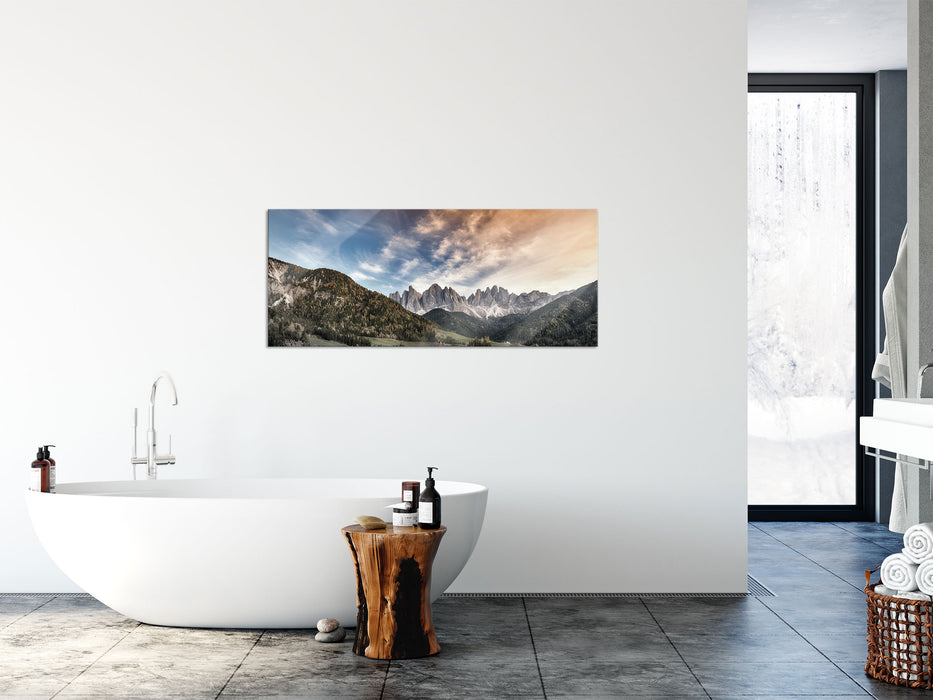 Herbstliche Landschaft in den Dolomiten B&W Detail, Glasbild Panorama