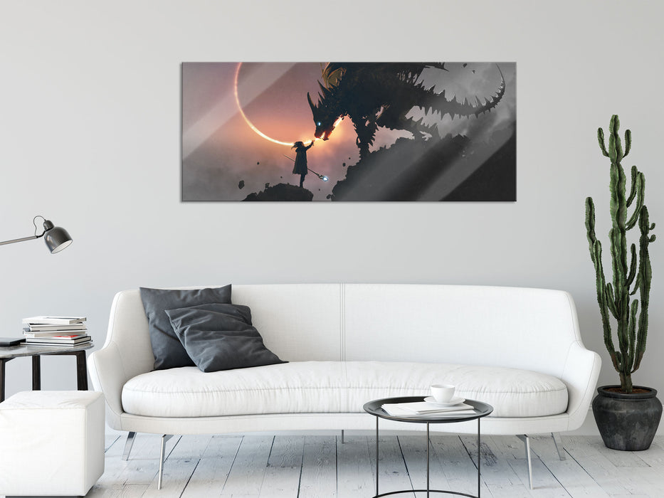 Zauberer und Drache bei Sonnenfinsternis B&W Detail, Glasbild Panorama