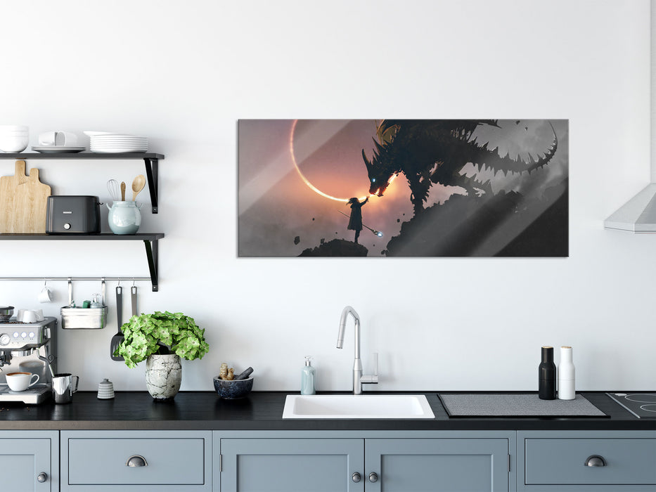 Zauberer und Drache bei Sonnenfinsternis B&W Detail, Glasbild Panorama