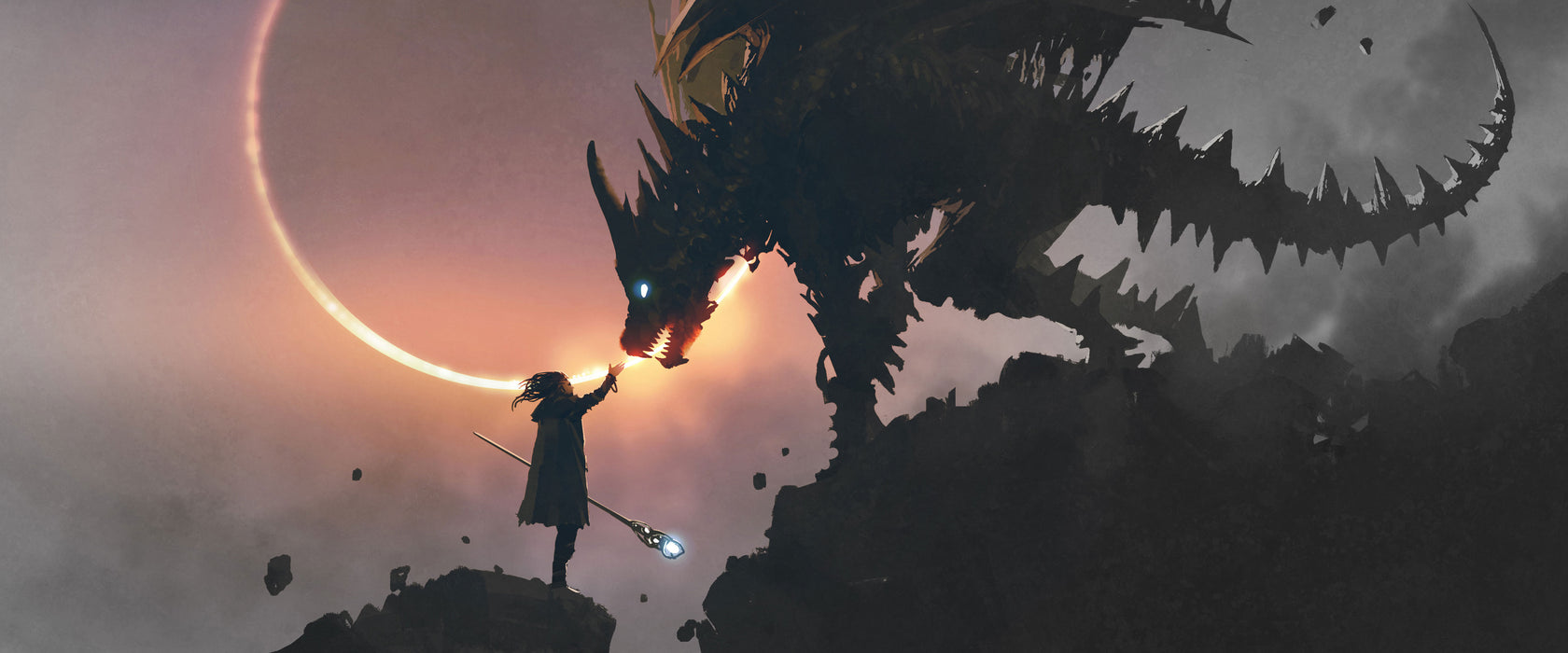 Zauberer und Drache bei Sonnenfinsternis B&W Detail, Glasbild Panorama