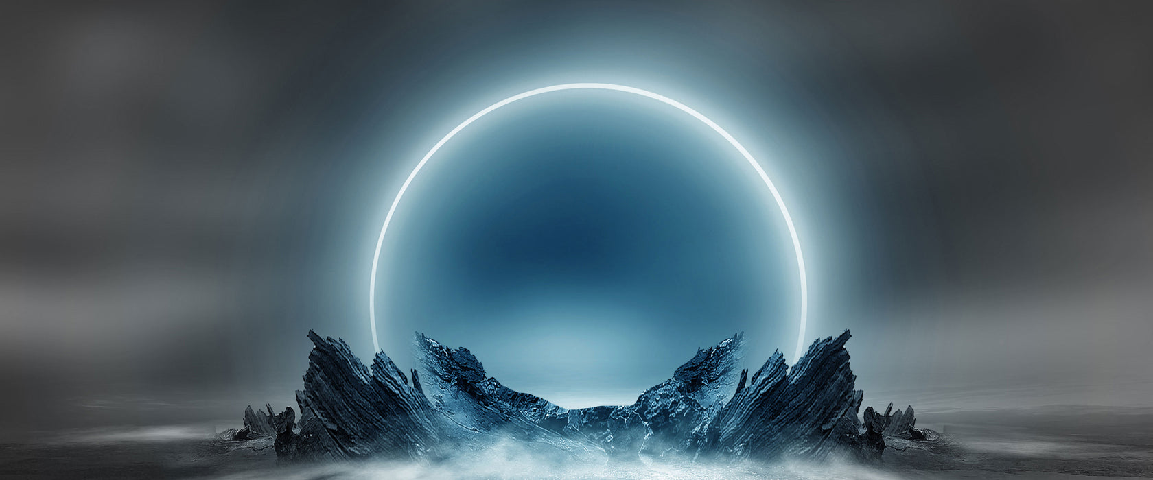 Abstrakter Mond hinter Felsformation B&W Detail, Glasbild Panorama